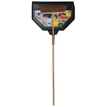 Black Emsco Group dust pan with a wooden-handle broom clipped into the pan, product label visible inside