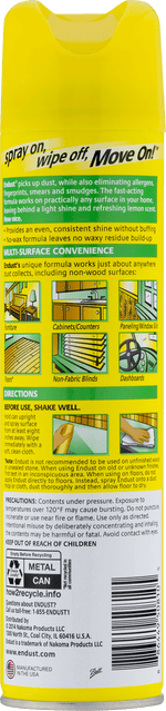 Close-up rear label of a yellow Endust aerosol can showing usage icons, directions and recycling instructions
