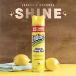Endust lemon zest aerosol can on a wooden surface with lemons and large headline text reading “Leaves a Natural Shine”