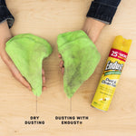 Top-down shot of two microfiber cloths comparing dry dusting and dusting with Endust next to a can of Endust spray