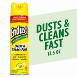 Tall yellow Endust aerosol can with lemon zest label beside large text reading “Dusts & Cleans Fast 12.5 oz”