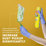Gloved hands holding an Endust can and a microfiber duster against a yellow backdrop with instructional overlay text
