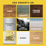 Nine-panel infographic showing surfaces to use Endust on, including wood, cabinets, car interiors, blinds and floors