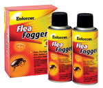 Two Enforcer Flea Fogger aerosol canisters shown in front of the product box with bright yellow and orange packaging and flea illustration.