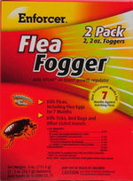 Front of Enforcer Flea Fogger 2-pack product box showing bold 'Flea Fogger' branding, usage claims and a flea illustration.