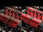 Split image showing a greasy red car engine intake before cleaning at left and a cleaner, brighter engine at right