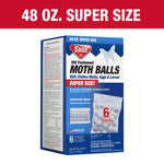 Enoz moth balls product box shown with large red header reading ‘48 oz. Super Size’ and a visible mesh packet graphic