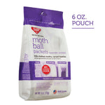 Standing angled pouch of Enoz lavender moth ball packets with ‘6 oz. pouch’ text to the right