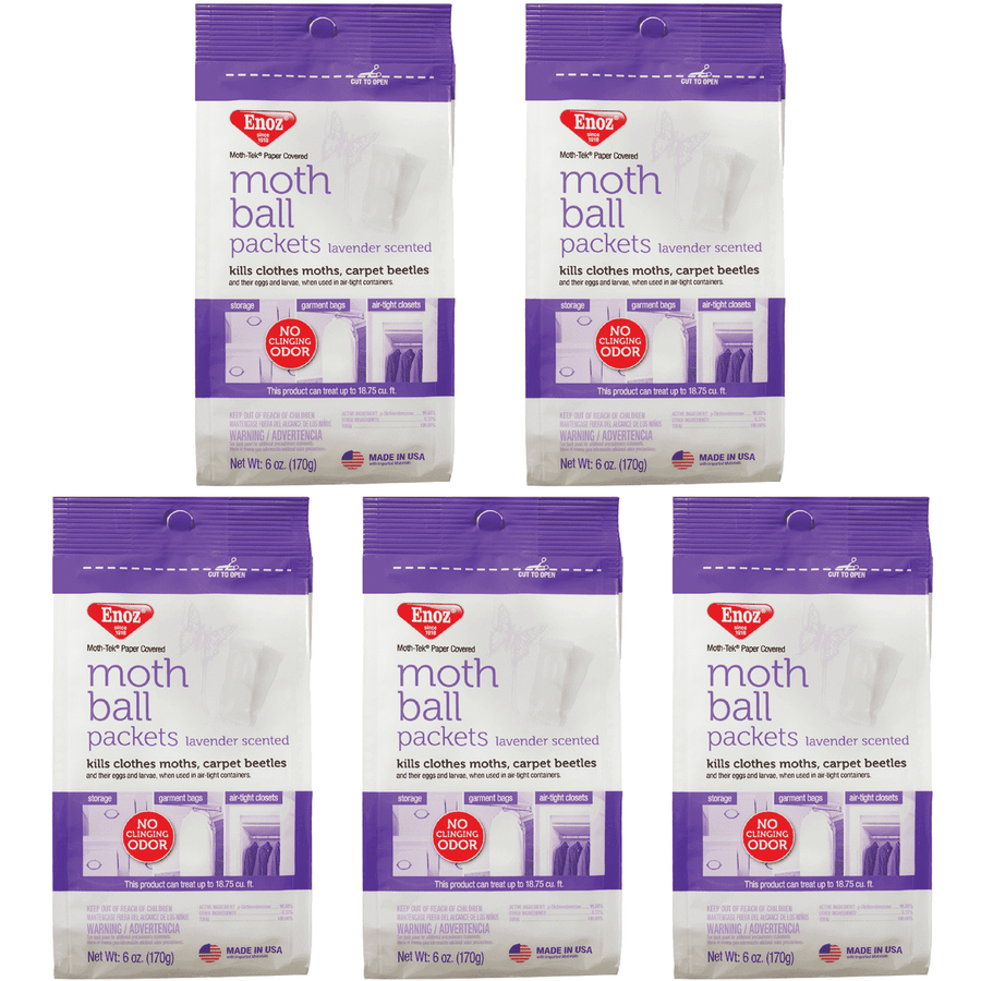 Five lavender-and-white Enoz moth ball packet pouches shown on white background