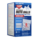 Three-quarter view of Enoz blue box for old fashioned moth balls showing front and left side panel text and a mesh packet image