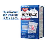 Enoz product box for moth balls with text stating treatment coverage next to the front panel and mesh packet graphic