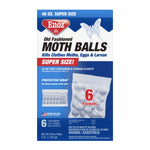 Blue and white Enoz branded box labeled “Old Fashioned Moth Balls” with image of a mesh packet and ‘6 Packets’ callout