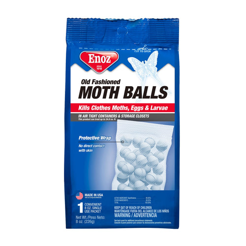 Single blue Enoz Old Fashioned Moth Balls retail pouch with product branding and an image of wrapped moth balls on the front.