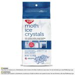 White and blue Enoz Moth Ice Crystals resealable bag shown flat with product name and warning text