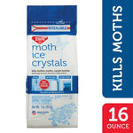 Front-facing bag of Enoz Moth Ice Crystals packaging with blue header and product name visible