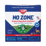 Front-facing product box for Enoz No Zone animal repellent stations showing logo, green station graphic and animals