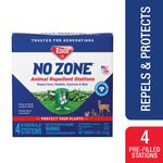 Product box front with side banner reading 'repels & protects' and inset graphic of the Enoz No Zone packaging