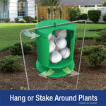 Green No Zone repellent station hanging on a garden stake with white repellent balls and arrows indicating airflow