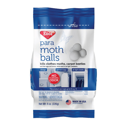 Front of Enoz para moth balls blue-and-white bag showing product name, moth-ball illustration and usage icons.