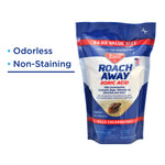 Front-facing Enoz Roach Away boric acid pouch on white background with text callouts reading odorless and non-staining
