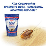 Single Enoz Roach Away boric acid pouch next to a large photoreal cockroach on a wood-like surface with pest claims above