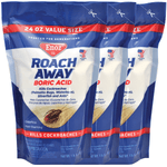 Three standing pouches of Enoz Roach Away boric acid powder with blue, white and red packaging and cockroach graphic