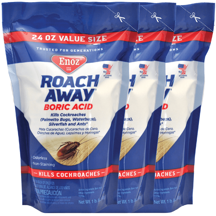 Three standing pouches of Enoz Roach Away boric acid powder with blue, white and red packaging and cockroach graphic