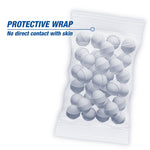 Single protective mesh packet filled with round moth-ball pellets and callout text noting a protective wrap