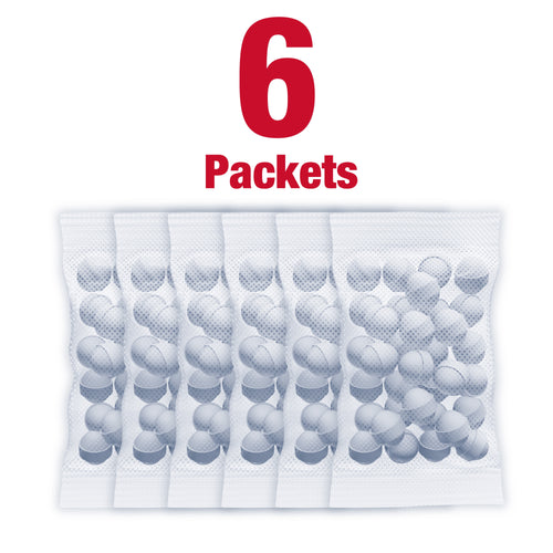 Six clear protective mesh packets of round moth-ball pellets arranged in a row under bold red “6 Packets” text
