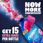 Promotional graphic showing Ensueño bottle with pink flowers and bold text advertising 15 extra loads and increased concentration.
