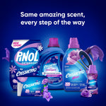 Group of Ensueño and Pinol laundry products including powder, liquid detergent, softener and scent boosters with floral visuals