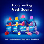 Array of four Ensueño Max fabric softener bottles in different scents against a blue gradient with 'Long Lasting Fresh Scents' headline
