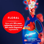 Ensueño Max floral promotional graphic with red badge describing more softening agents and fragrance