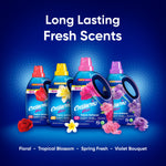 Row of Ensueño Max fabric softener bottles in different scents against a blue backdrop with the headline 'Long Lasting Fresh Scents.'