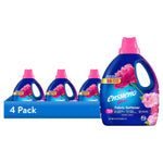 Four-pack arrangement of ensueño max spring fresh fabric softener bottles with blue packaging and pink caps