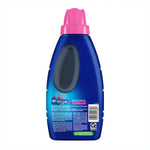 Rear view of a blue Ensueño Max fabric softener bottle showing product back label, barcode and a small window on white background.