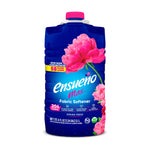 Tall blue jug of Ensueño Max fabric softener with pink floral label and pink cap on white background