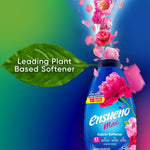 Ensueño Max bottle with pink flowers beside a green leaf graphic and text proclaiming a leading plant-based softener.