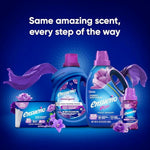 Ensueño product family marketing image showing detergent, fabric softener, booster beads and matching purple floral accents