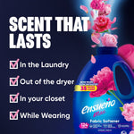 Ensueño fabric softener jug with floral accents alongside checklist titled Scent That Lasts listing laundry, dryer, closet, wearing
