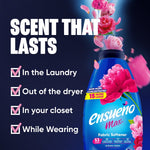 Promotional image of Ensueño Max bottle with checklist-style text reading ‘Scent That Lasts’ and items like in the laundry and in your closet.
