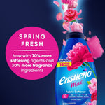 Graphic of Ensueño Max bottle with pink peonies and pink circle text highlighting Spring Fresh and increased softening and fragrance ingredients.