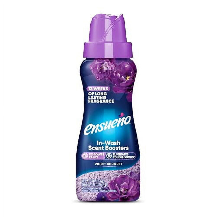 Purple-capped Ensueño in-wash scent booster bottle labeled Violet Bouquet with brand logo and floral graphics
