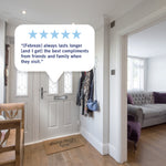 Entryway lifestyle photo with five-star speech bubble quote praising Febreze freshness