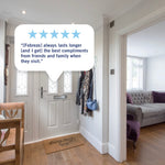 Entryway lifestyle photo with five-star review speech bubble praising Febreze lasting power.
