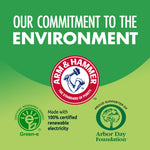 Green-themed graphic stating “OUR COMMITMENT TO THE ENVIRONMENT” with the Arm & Hammer logo and certification and Arbor Day Foundation badges.