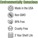 Graphic titled 'Environmentally Conscious' listing icons and claims like Made in the USA, Non GMO, BPA Free, Cruelty Free and 2 Year Shelf Life.