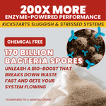 Promotional panel highlighting enzyme-powered performance and 170 billion bacteria spores with a close-up of a pod.