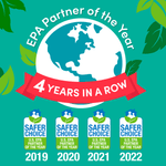 Illustrated globe graphic with ribbon reading '4 years in a row' and four 'Safer Choice' badges for 2019–2022.