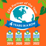Illustrated globe graphic with ribbon reading 4 years in a row and four Safer Choice badges for 2019–2022 on orange background